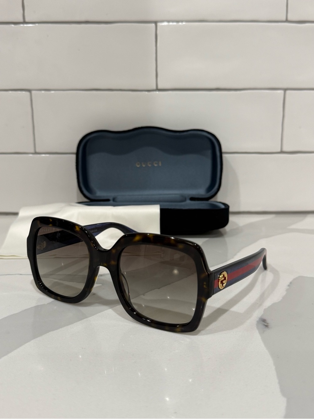 Gucci Women's Tortoiseshell Square Sunglasses with Red-Green Stripe